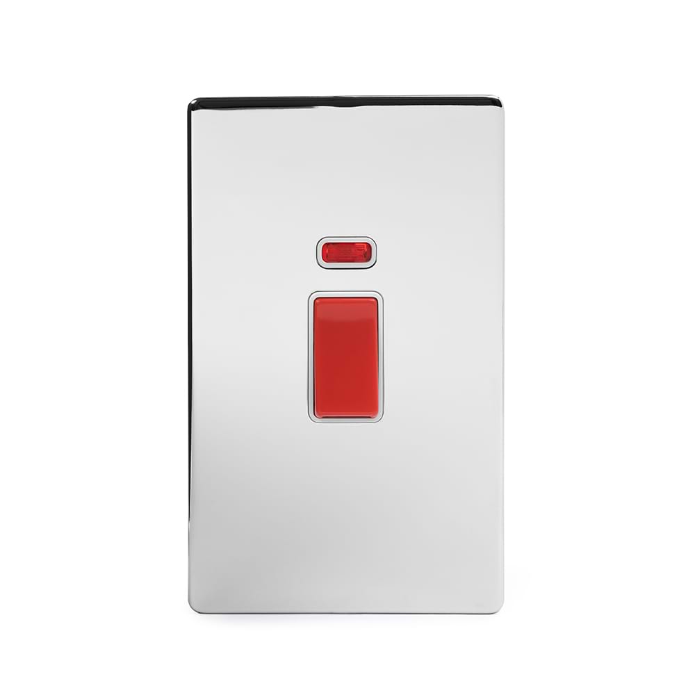 The Finsbury Collection Polished Chrome 45A 1 Gang Double Pole Switch With Neon, Large Plate Wht Ins Screwless