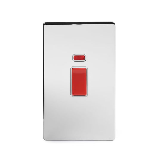 The Finsbury Collection Polished Chrome 45A 1 Gang Double Pole Switch With Neon, Large Plate Wht Ins Screwless