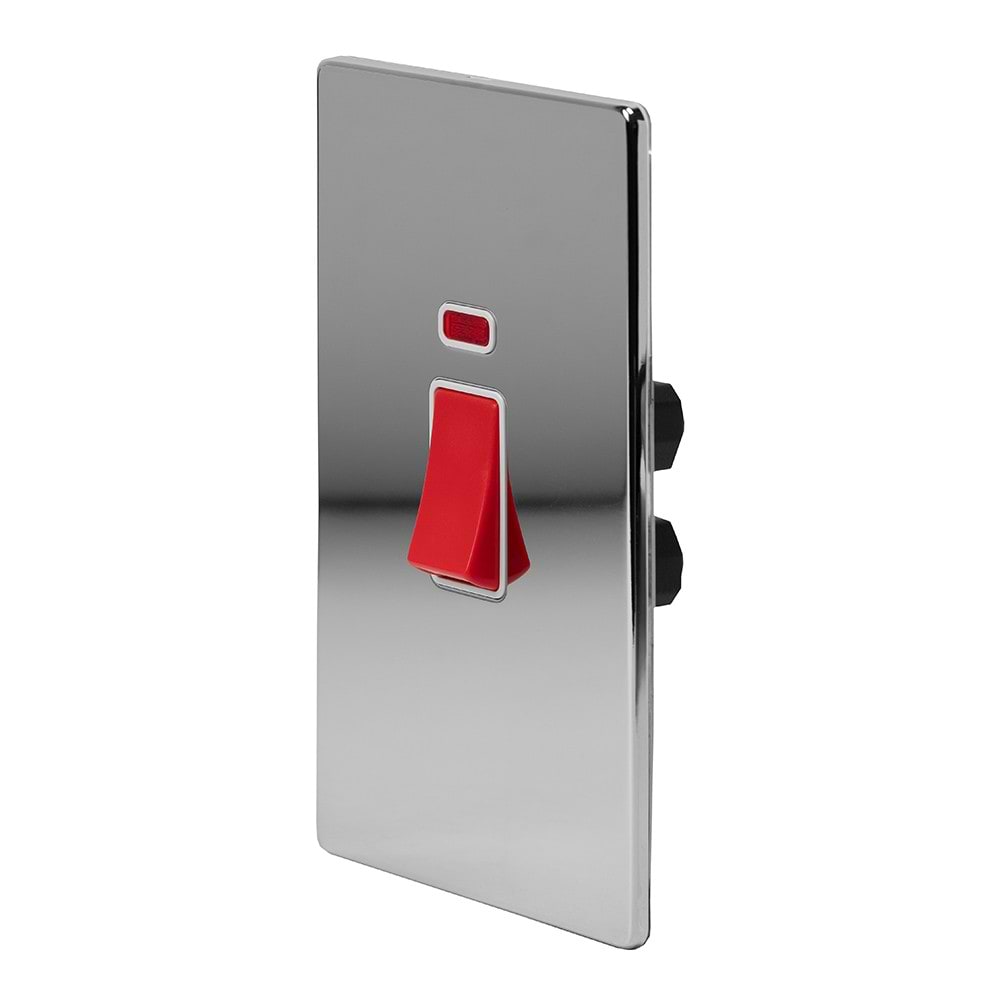 The Finsbury Collection Polished Chrome 45A 1 Gang Double Pole Switch With Neon, Large Plate Wht Ins Screwless