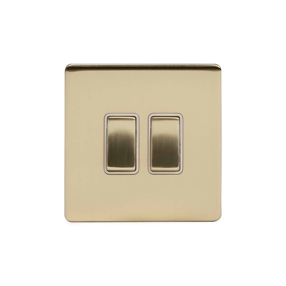 The Savoy Collection Brushed Brass 2 Gang Light Switch 2-Way 10A White Inserts