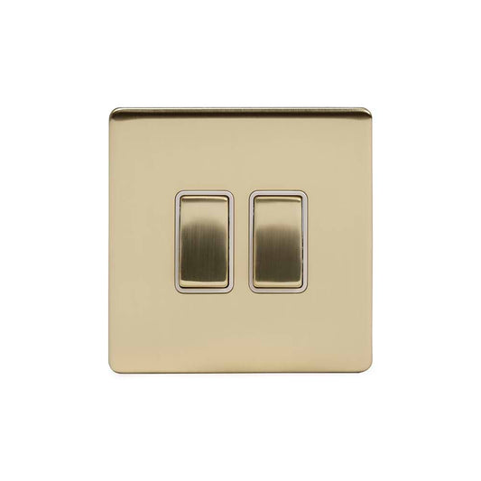 The Savoy Collection Brushed Brass 2 Gang Light Switch 2-Way 10A White Inserts