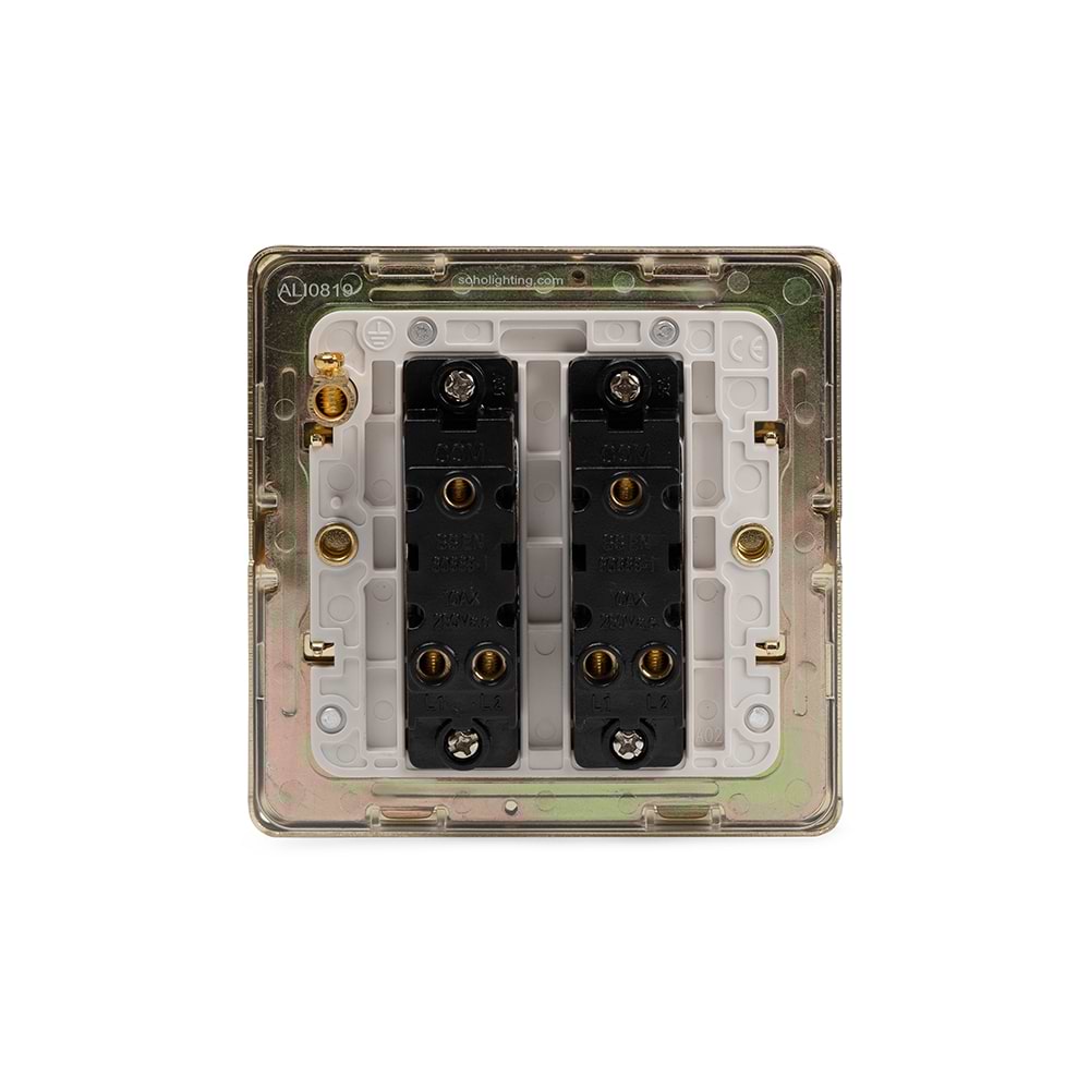 The Savoy Collection Brushed Brass 2 Gang Light Switch 2-Way 10A White Inserts