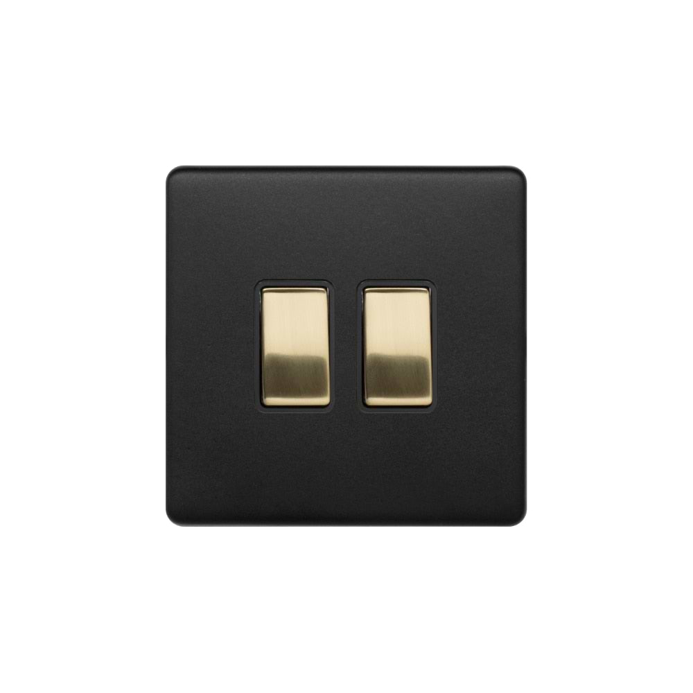 The Camden Collection Matt Black & Brushed Brass 10A 2 Gang 2 Way Switch Black Insert Screwless