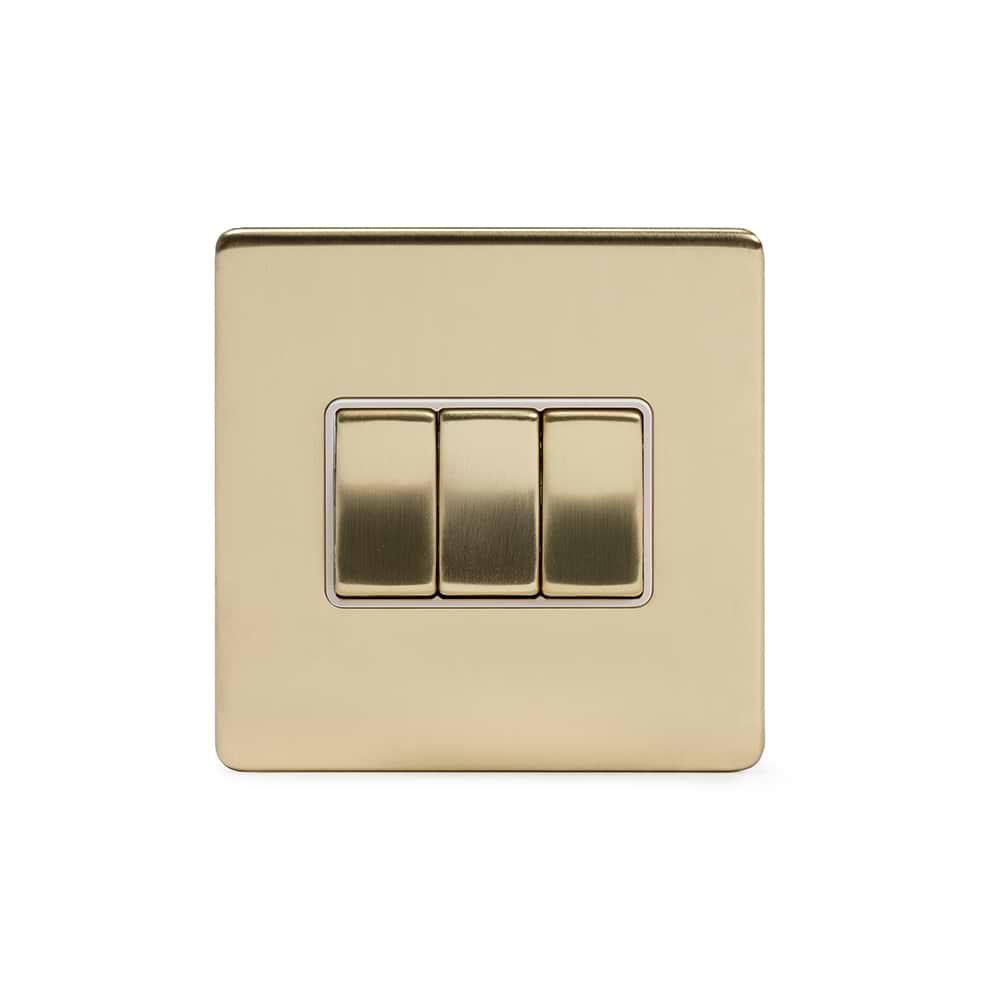 The Savoy Collection Brushed Brass 10A 3 Gang 2 Way Switch Wht Ins Screwless