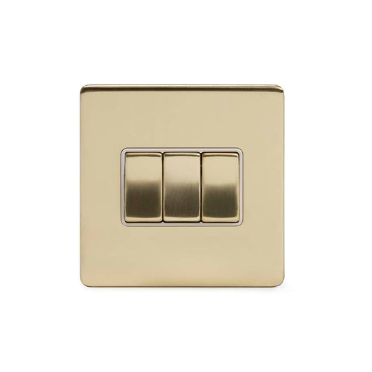 The Savoy Collection Brushed Brass 10A 3 Gang 2 Way Switch Wht Ins Screwless