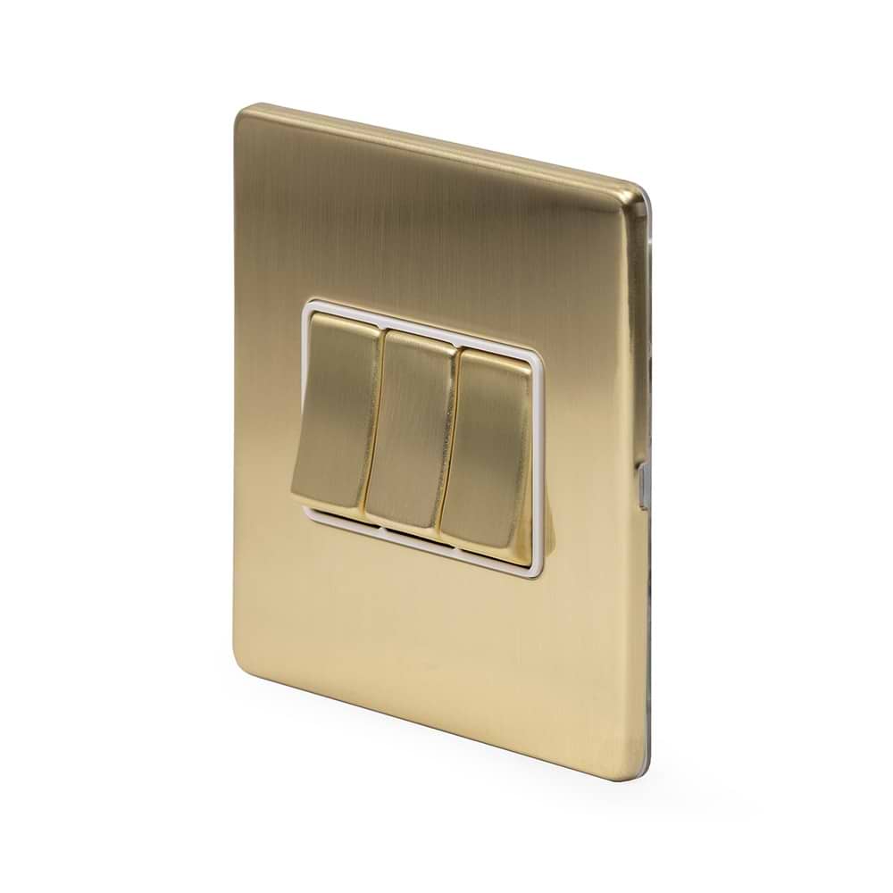 The Savoy Collection Brushed Brass 10A 3 Gang 2 Way Switch Wht Ins Screwless