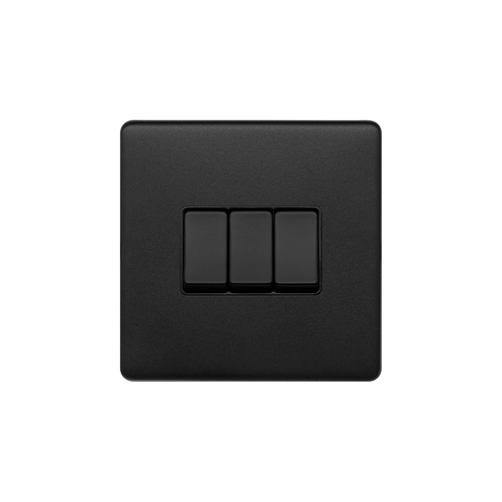 The Camden Collection Matt Black 10A 3 Gang 2 Way Switch Black Insert Screwless