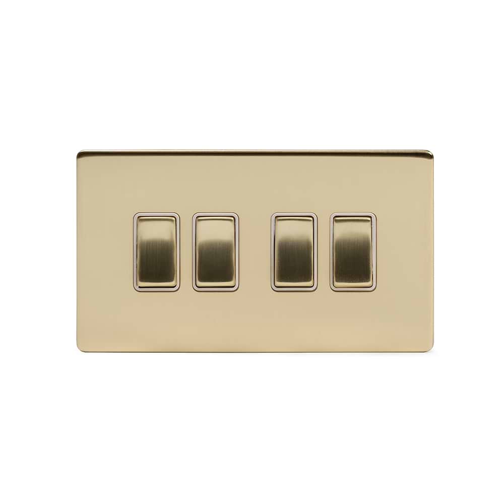 The Savoy Collection Brushed Brass 10A 4 Gang 2 Way Switch Wht Ins Screwless