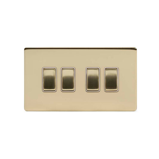 The Savoy Collection Brushed Brass 10A 4 Gang 2 Way Switch Wht Ins Screwless