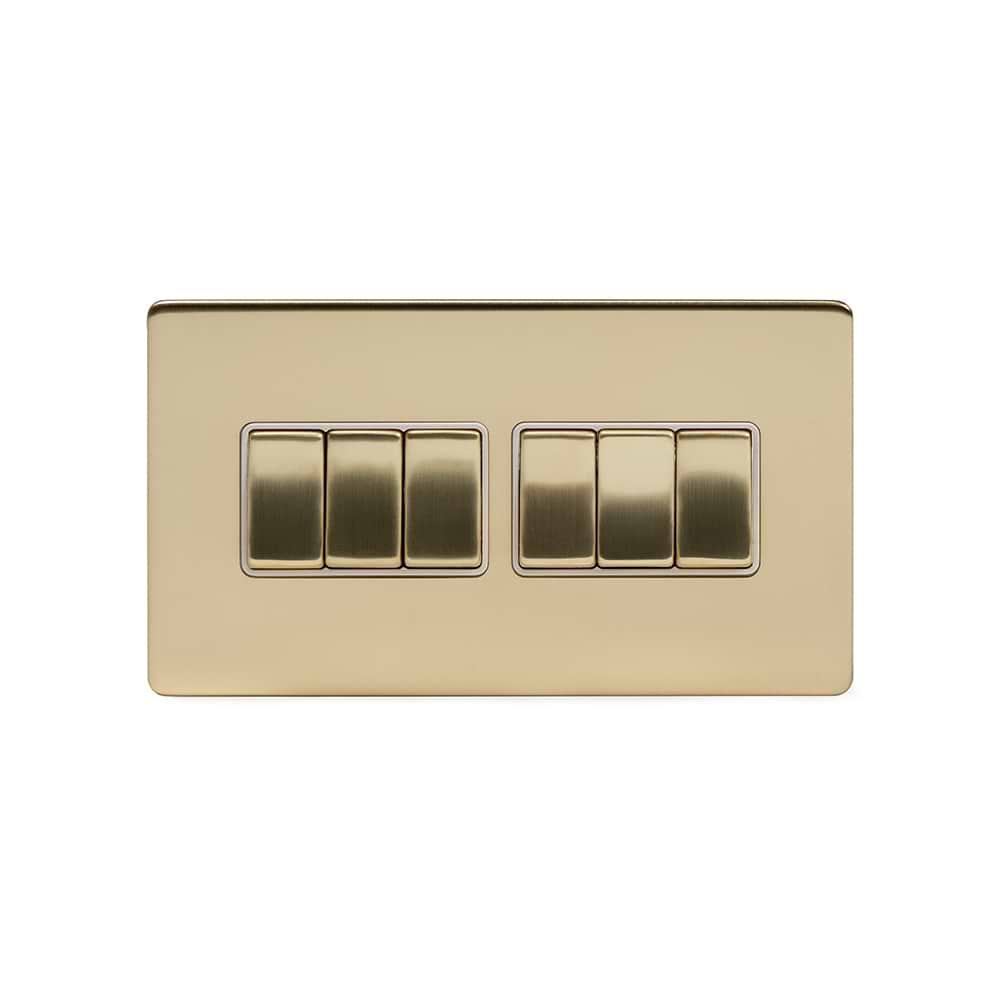 The Savoy Collection Brushed Brass 10A 6 Gang 2 Way Switch Wht Ins Screwless