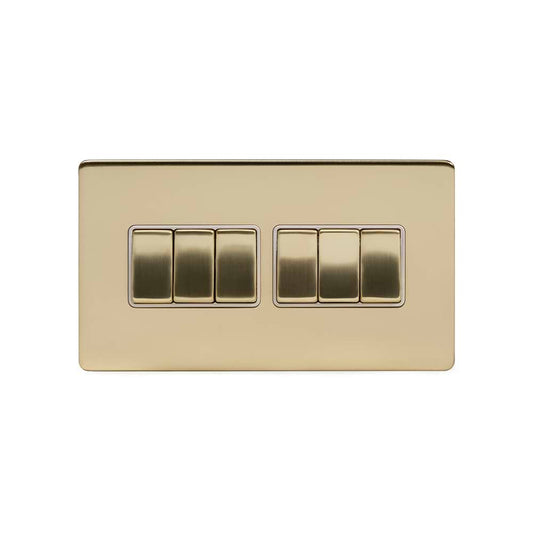 The Savoy Collection Brushed Brass 10A 6 Gang 2 Way Switch Wht Ins Screwless