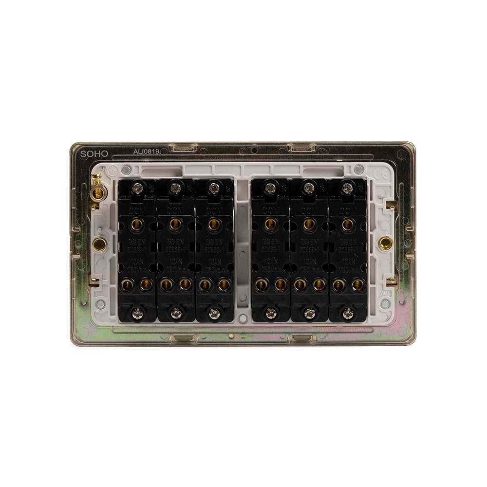 The Savoy Collection Brushed Brass 10A 6 Gang 2 Way Switch Wht Ins Screwless