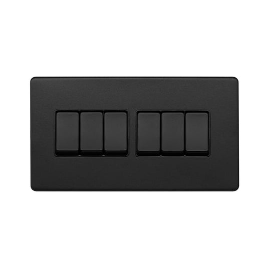 The Camden Collection Matt Black 10A 6 Gang 2 Way Switch Black Insert Screwless