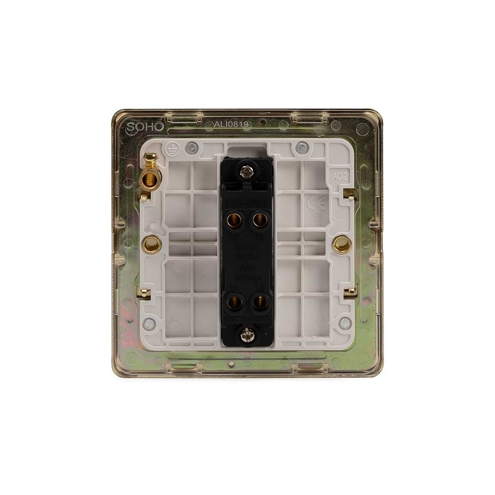 The Savoy Collection Brushed Brass 1 Gang Intermediate Switch Wht Ins Screwless
