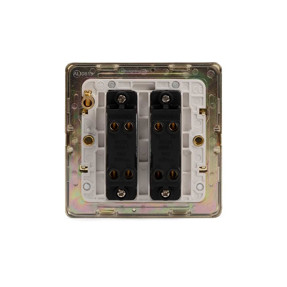 The Savoy Collection Brushed Brass 2 Gang Intermediate Switch Wht Ins Screwless