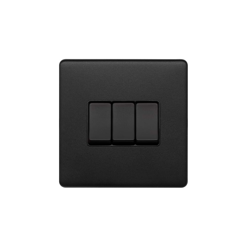 The Camden Collection Matt Black 10A 3 Gang Intermediate Switch Black Insert Screwless