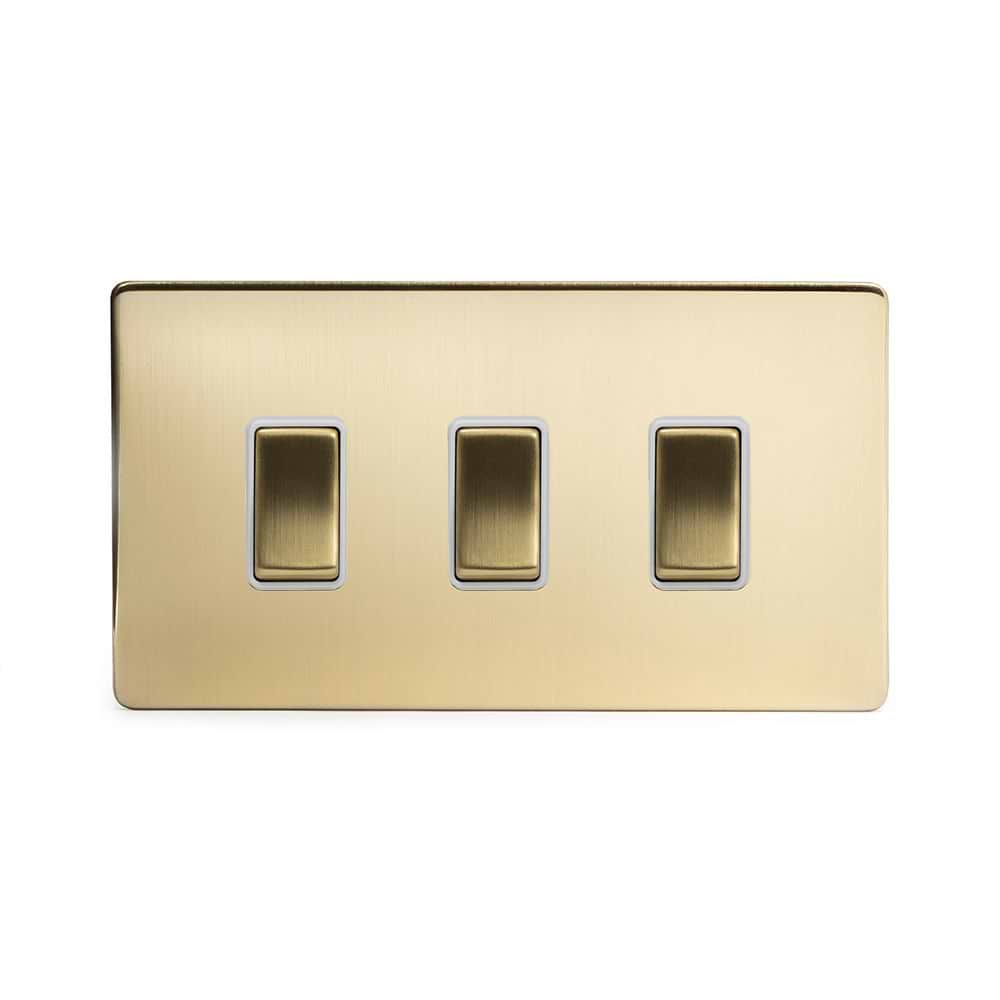 The Savoy Collection Brushed Brass 3 Gang Switch Double Plate Wht Ins 2 Way Screwless
