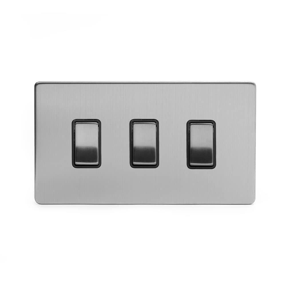 The Lombard Collection Brushed Chrome 3 Gang Switch Double Plate Blk Ins 2 Way Screwless