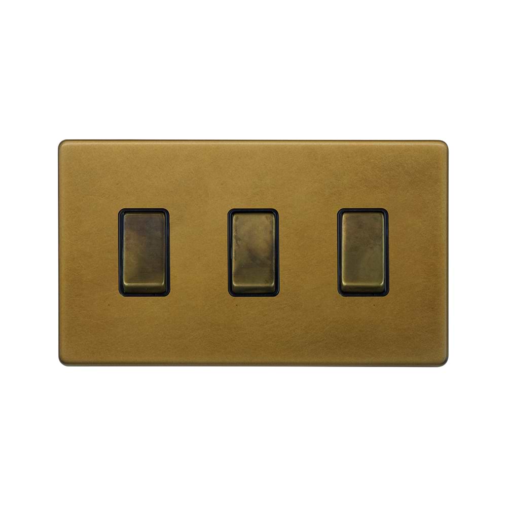 The Belgravia Collection Old Brass 3 Gang Switch Double Plate 2 Way