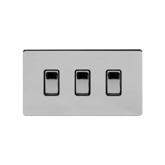 The Finsbury Collection Polished Chrome 3 Gang Switch Double Plate Blk Ins 2 Way Screwless