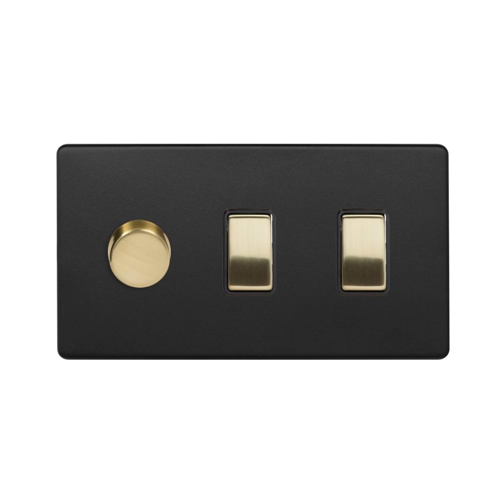 The Camden Collection Matt Black & Brushed Brass 3 Gang Dimmer and Rocker Switch Combo (2-Way Intelligent Dimmer & 2 x 2-Way Light Switch)