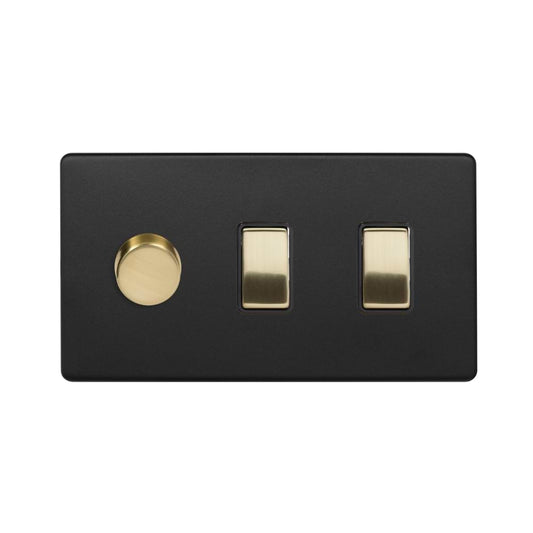 The Camden Collection Matt Black & Brushed Brass 3 Gang Dimmer and Rocker Switch Combo (2-Way Intelligent Dimmer & 2 x 2-Way Light Switch)