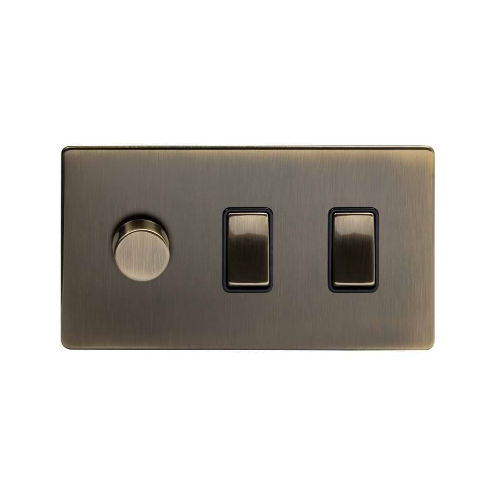 The Charterhouse Collection 3 Gang Dimmer and Rocker Switch Combo (2 -Way Intelligent Dimmer & 2 x 2-Way Light Switch) Antique Brass