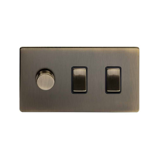 The Charterhouse Collection 3 Gang Dimmer and Rocker Switch Combo (2 -Way Intelligent Dimmer & 2 x 2-Way Light Switch) Antique Brass