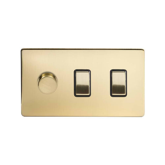 The Savoy Collection Brushed Brass 3 Gang Dimmer and Rocker Switch Combo (2-Way Intelligent Dimmer & 2 x 2-Way Light Switch)