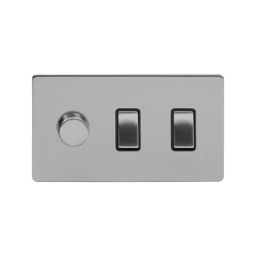 The Lombard Collection Brushed Chrome 3 Gang Dimmer and Rocker Switch Combo (2-Way Intelligent Dimmer & 2 x 2-Way Light Switch)
