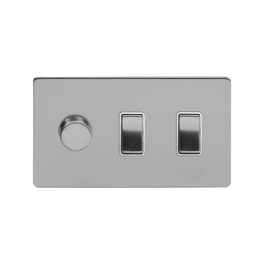 The Lombard Collection Brushed Chrome 3 Gang Dimmer and Rocker Switch Combo (2-Way Intelligent Dimmer & 2 x 2-Way Light Switch)