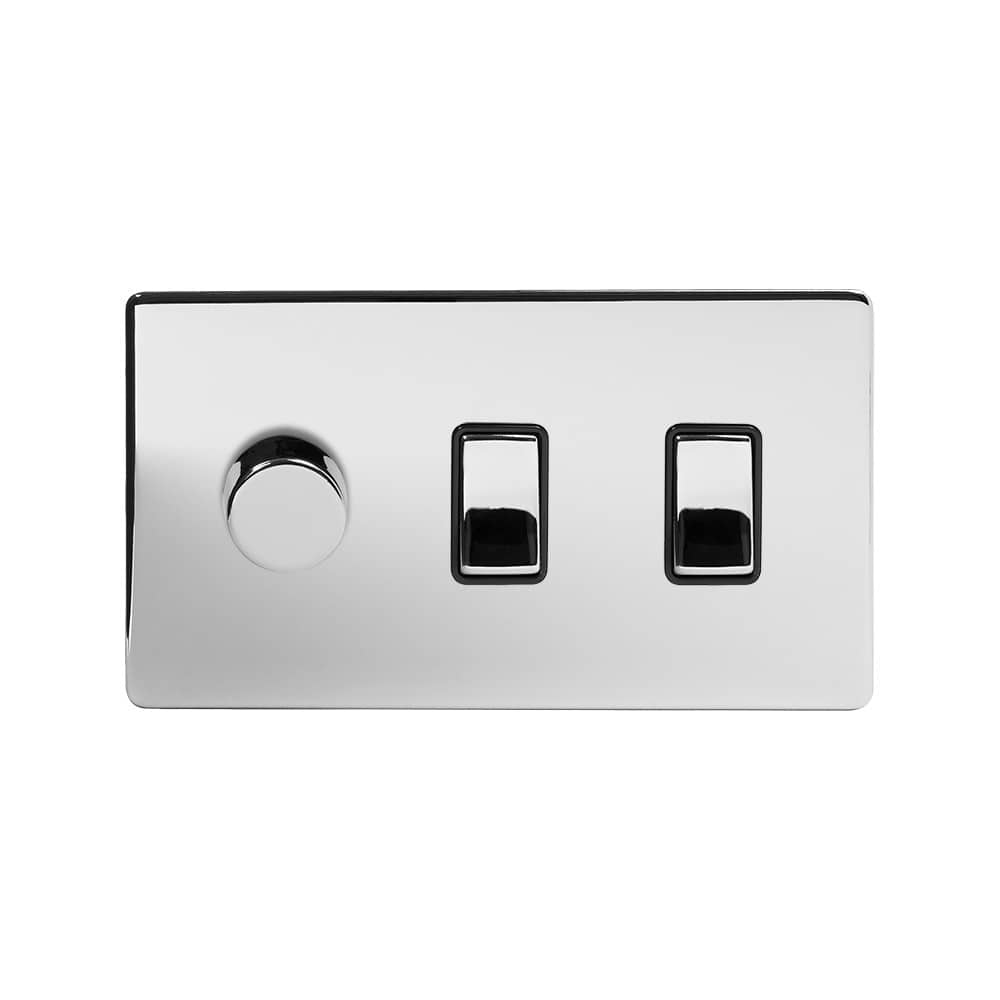 The Finsbury Collection Polished Chrome 3 Gang Dimmer and Rocker Switch Combo(2-Way Intelligent Dimmer & 2 x 2-Way Light Switch)