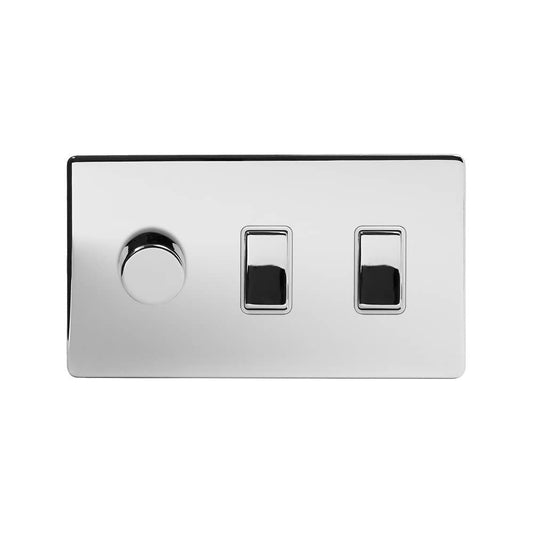 The Finsbury Collection Polished Chrome 3 Gang Dimmer and Rocker Switch Combo (2-Way Intelligent Dimmer & 2 x 2-Way Light Switch)