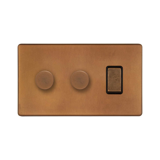 The Chiswick Collection Antique Copper 3 Gang Dimmer and Rocker Switch Combo (2 x 2-Way Intelligent Dimmer & 2-way Switch)
