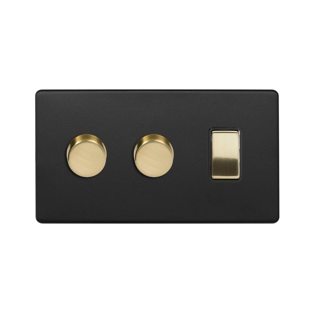 The Camden Collection Matt Black & Brushed Brass 3 Gang Dimmer and Rocker Switch Combo (2 x 2-Way Intelligent Dimmer & 2-Way Switch)