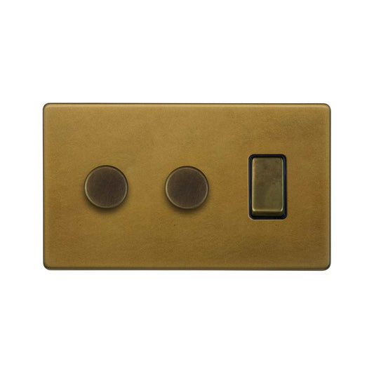 The Belgravia Collection Old Brass 3 Gang Dimmer and Rocker Switch Combo (2 x 2-Way Intelligent Dimmer & 2-way Switch)