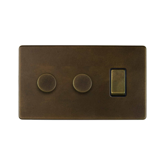 The Westminster Collection Vintage Brass 3 Gang Dimmer and Rocker Switch Combo (2 x 2-Way Intelligent Dimmer & 2-way Switch)