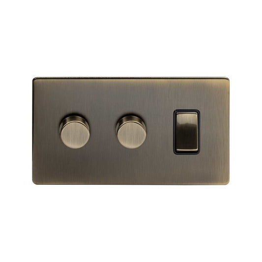 The Charterhouse Collection 3 Gang Dimmer and Rocker Switch Combo (2 x 2-Way Intelligent Dimmer & 2-Way Switch) Antique Brass