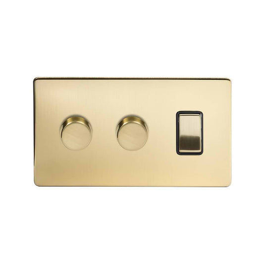 The Savoy Collection Brushed Brass 3 Gang Dimmer and Rocker Switch Combo (2 x 2-Way Intelligent Dimmer & 2-Way Switch)