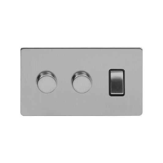 The Lombard Collection Brushed Chrome 3 Gang Dimmer and Rocker Switch Combo (2 x 2 -Way Intelligent Dimmer & 2-Way Switch)