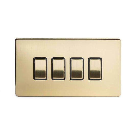 The Savoy Collection Brushed Brass 4 Gang Switch With 1 Intermediate (3 x 2 Way Switch with 1 Intermediate) Bk Ins Screwless