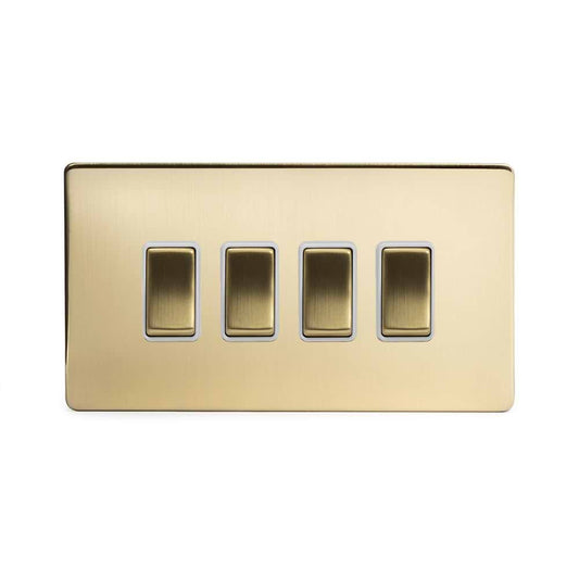 The Savoy Collection Brushed Brass 4 Gang Switch With 1 Intermediate (3 x 2 Way Switch with 1 Intermediate) Wht Ins Screwless