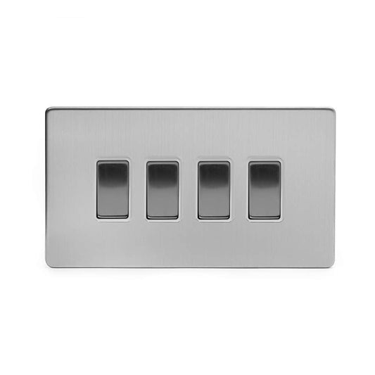 The Lombard Collection Brushed Chrome 4 Gang Switch With 1 Intermediate (3 x 2 Way Switch with 1 Intermediate) Wht Ins Screwless
