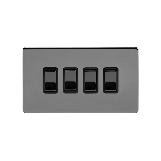 The Connaught Collection Black Nickel 4 Gang Switch With 1 Intermediate (3 x 2 Way Switch with 1 Intermediate) Bk Ins Screwless
