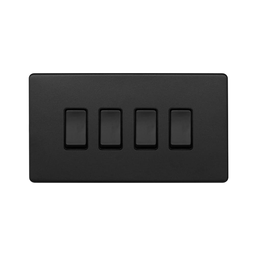 The Camden Collection Matt Black 4 Gang Switch With 1 Intermediate (3 x 2 Way Switch with 1 Intermediate) Blk Ins Screwless