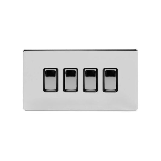 The Finsbury Collection Polished Chrome 4 Gang Switch With 1 Intermediate (3 x 2 Way Switch with 1 Intermediate) Bk Ins Screwless