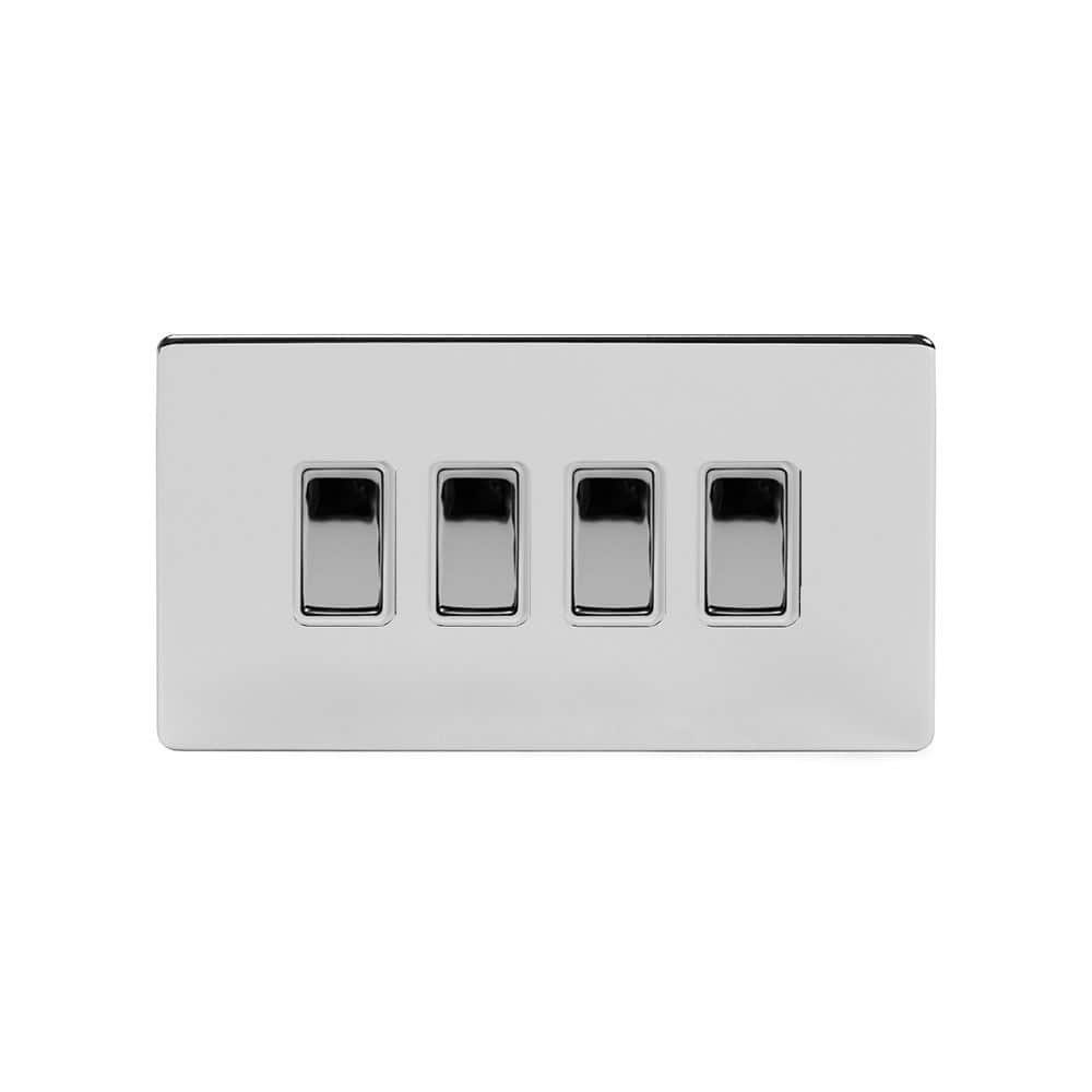 The Finsbury Collection Polished Chrome 4 Gang Switch With 1 Intermediate (3 x 2 Way Switch with 1 Intermediate) Wht Ins Screwless