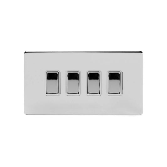 The Finsbury Collection Polished Chrome 4 Gang Switch With 1 Intermediate (3 x 2 Way Switch with 1 Intermediate) Wht Ins Screwless