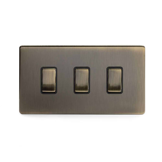 The Charterhouse Collection 3 Gang Switch With 1 Intermediate (2 x 2 Way Switch with 1 Intermediate) Bk Ins Screwless Antique Brass