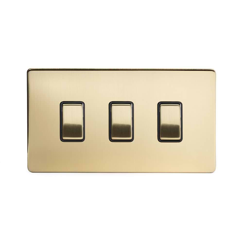 The Savoy Collection Brushed Brass 3 Gang Switch With 1 Intermediate (2 x 2 Way Switch with 1 Intermediate) Blk Ins Screwless